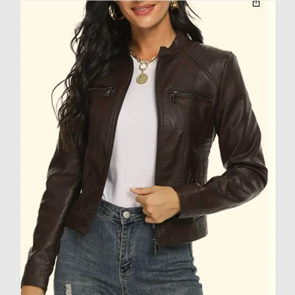 New with Tags Fahsyee Women's Zip-Up Faux Leather Jacket, Size M, Coffee Brown - Picture 7 of 13